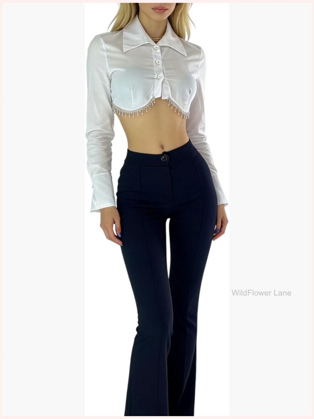 Rhinestone Tassel Button Down Crop Top Long Sleeve Blouse